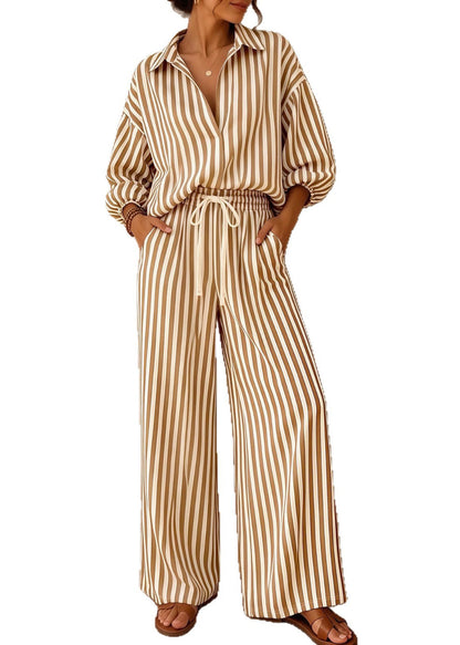 Plus Size Khaki Oversized Striped Cotton Two Piece Suit Set Fall