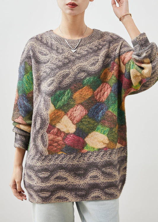 Plus Size Khaki Oversized Thick Print Knit Pullover Spring