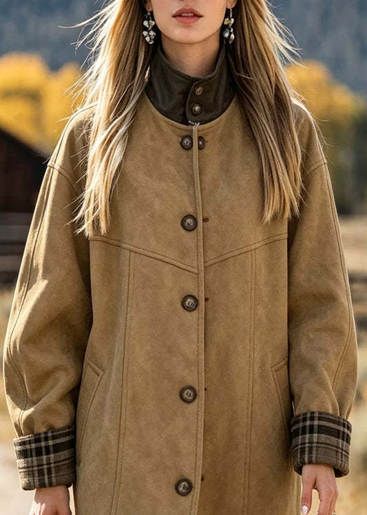 Plus Size Khaki Pocket Patchwork Button Trench Coat Long Sleeve