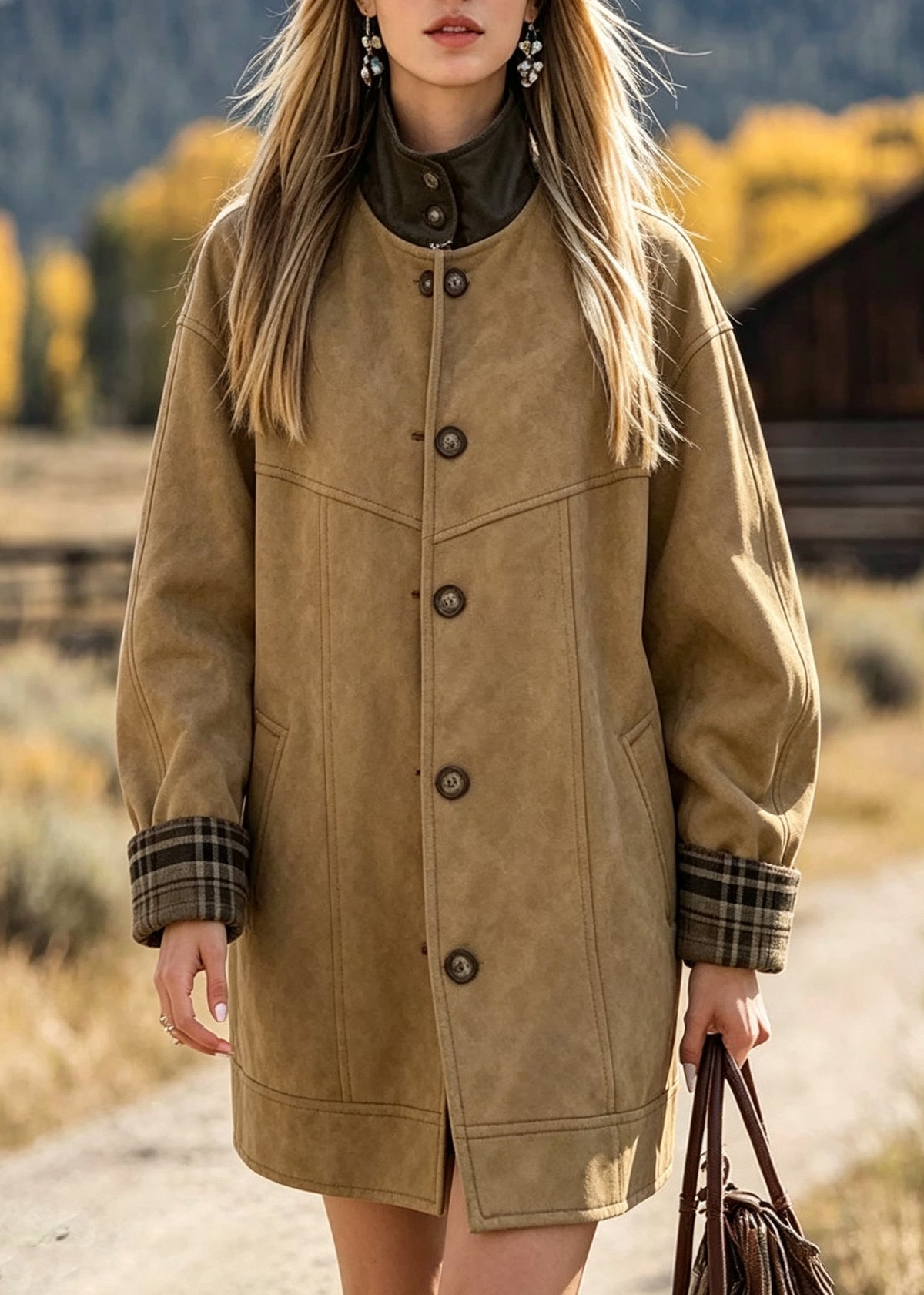 Plus Size Khaki Pocket Patchwork Button Trench Coat Long Sleeve