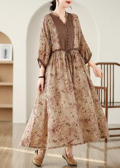 Plus Size Khaki Print Tie Waist Pockets Cotton Long Dresses Fall