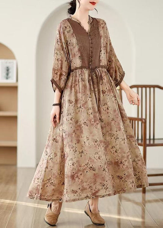 Plus Size Khaki Print Tie Waist Pockets Cotton Long Dresses Fall