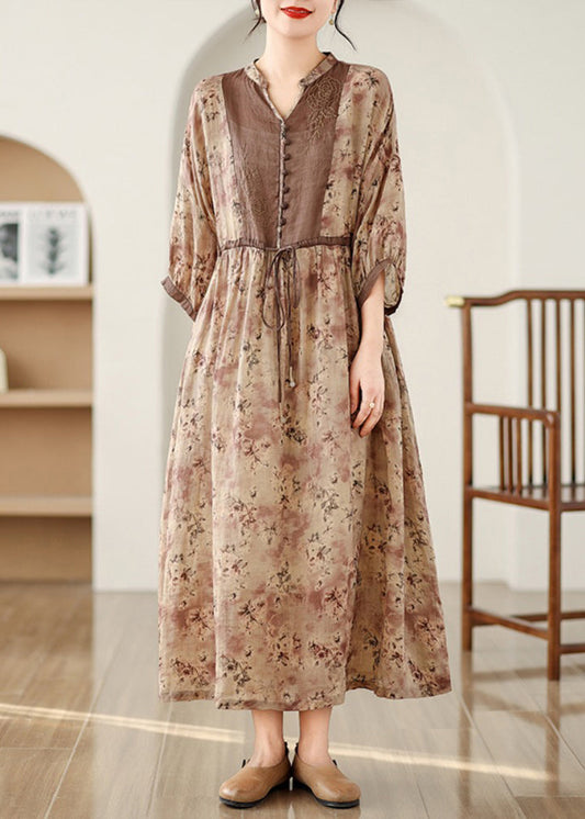 Plus Size Khaki Print Tie Waist Pockets Cotton Long Dresses Fall