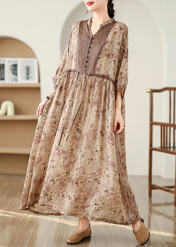 Plus Size Khaki Print Tie Waist Pockets Cotton Long Dresses Fall