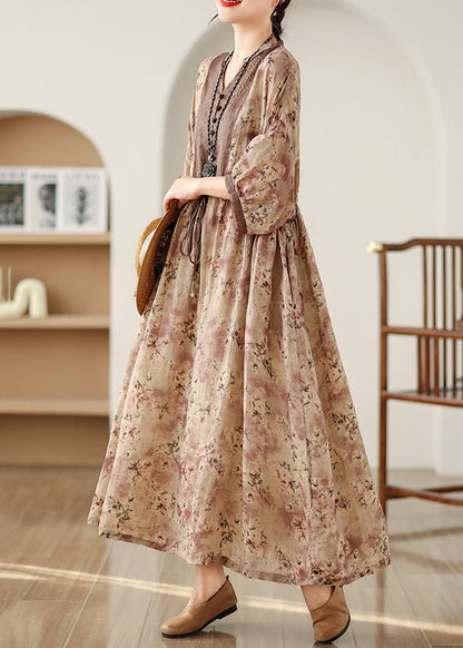 Plus Size Khaki Print Tie Waist Pockets Cotton Long Dresses Fall