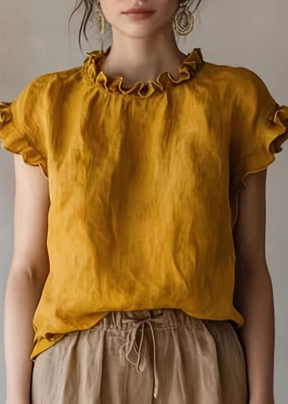 Plus Size Khaki Ruffled Cotton Shirts Sleeveless