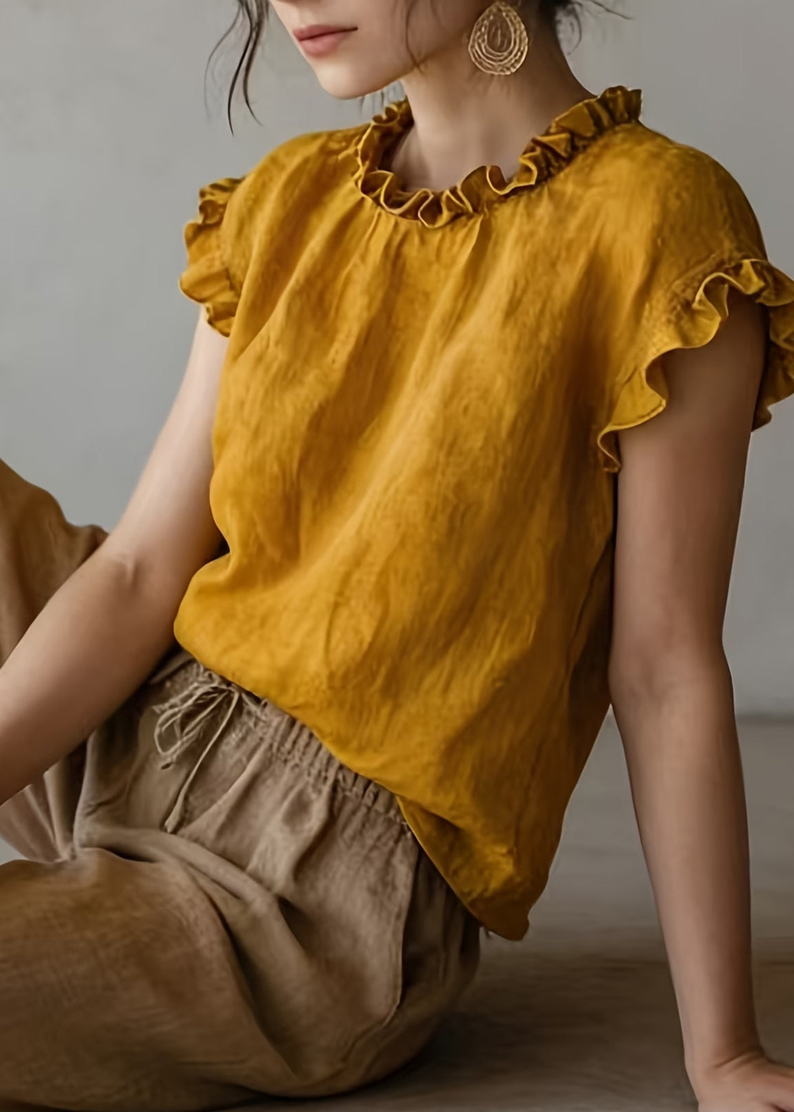 Plus Size Khaki Ruffled Cotton Shirts Sleeveless