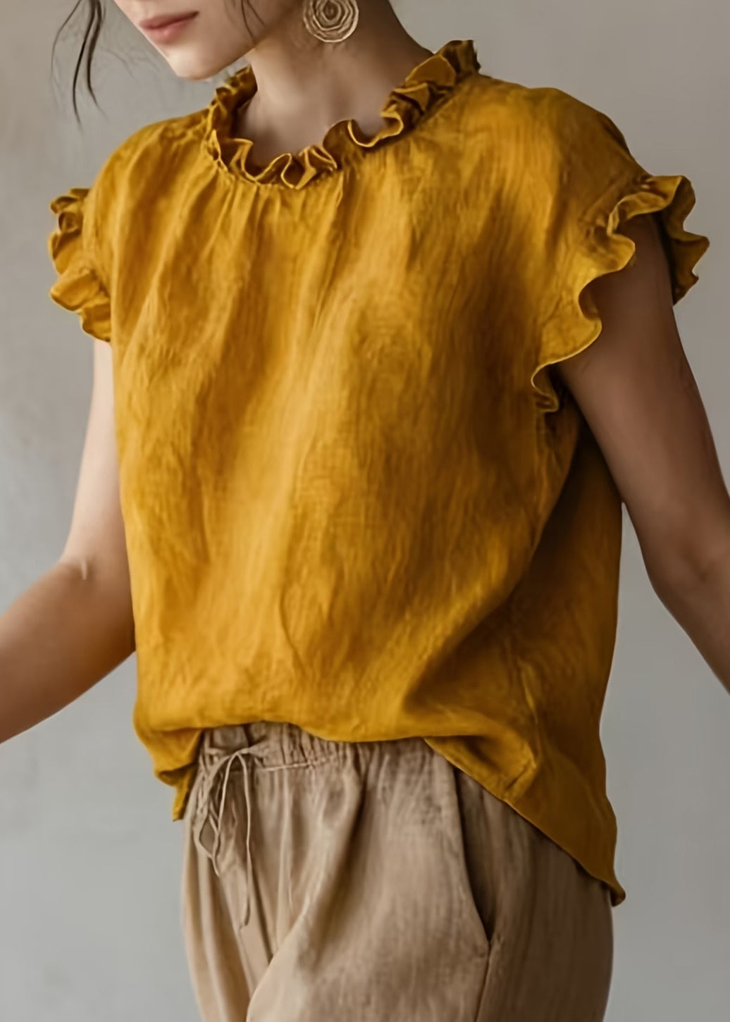 Plus Size Khaki Ruffled Cotton Shirts Sleeveless