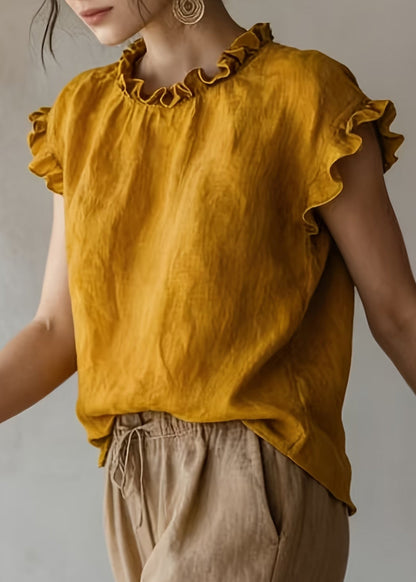 Plus Size Khaki Ruffled Cotton Shirts Sleeveless