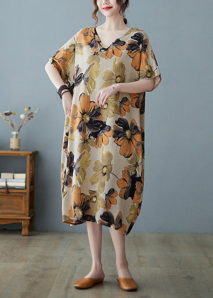 Plus Size Khaki geometry V Neck Print Long Dress Short Sleeve