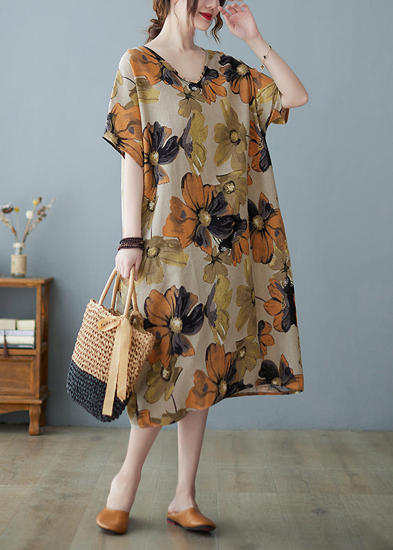 Plus Size Khaki geometry V Neck Print Long Dress Short Sleeve