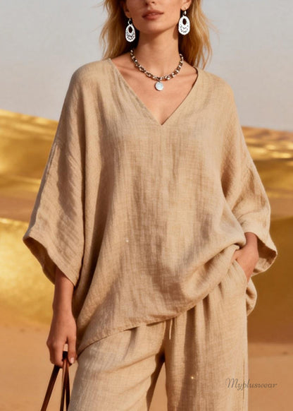 Plus Size Khaki V Neck Sequins Pockets Patchwork Linen Two Pieces Set Spring