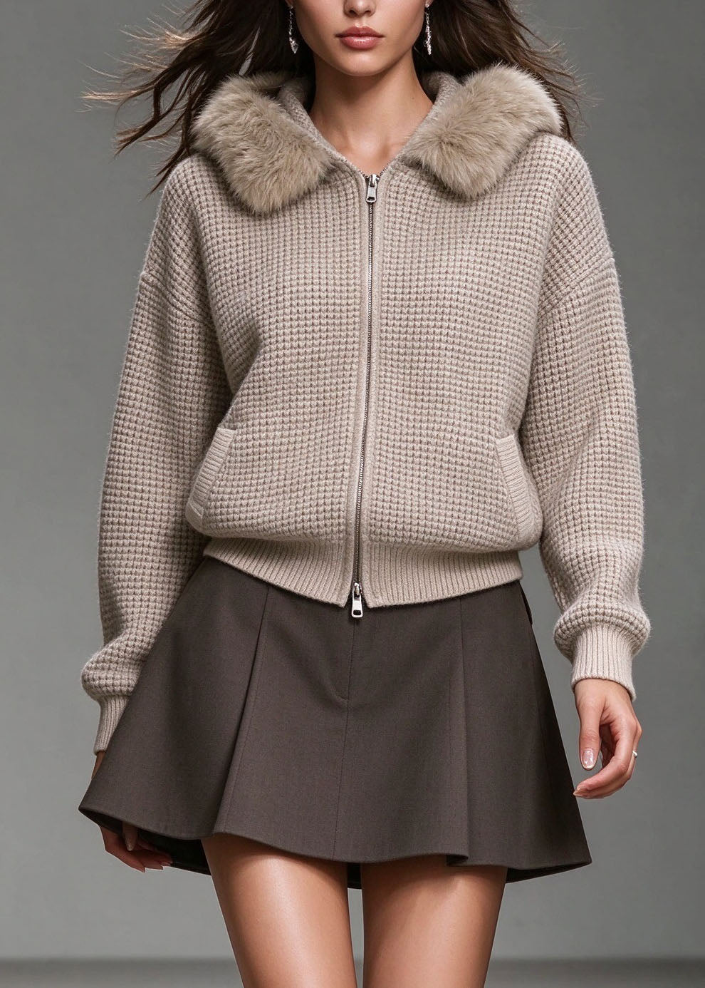 Plus Size Khaki Zip Up Fur Patchwork Knit Hooded Jacket Fall