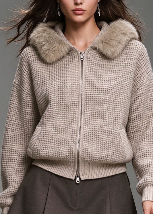 Plus Size Khaki Zip Up Fur Patchwork Knit Hooded Jacket Fall