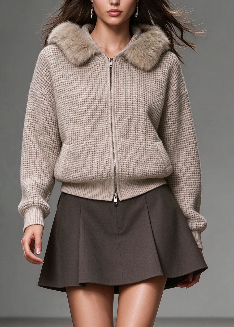 Plus Size Khaki Zip Up Fur Patchwork Knit Hooded Jacket Fall