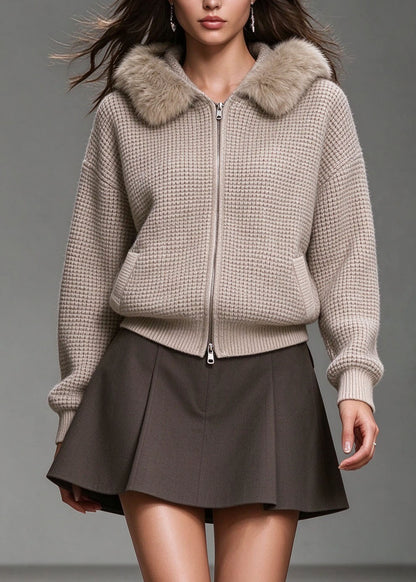 Plus Size Khaki Zip Up Fur Patchwork Knit Hooded Jacket Fall