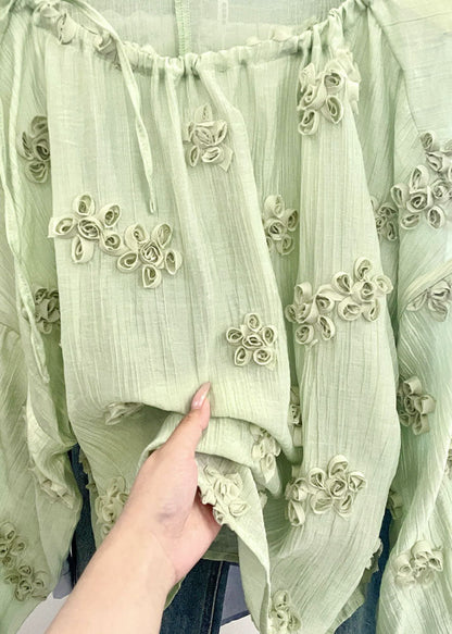 Plus Size Lake Green O-Neck Floral Chiffon Shirt Top Summer