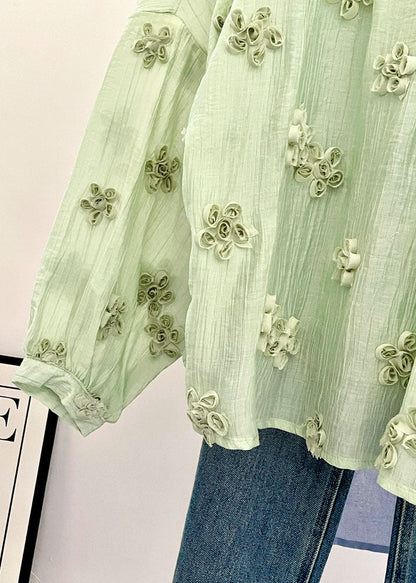 Plus Size Lake Green O-Neck Floral Chiffon Shirt Top Summer