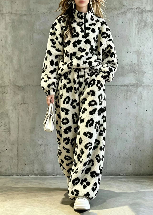 Plus Size Leopard Stand Collar Zippered Teddy Faux Fur Two Piece Set Fall