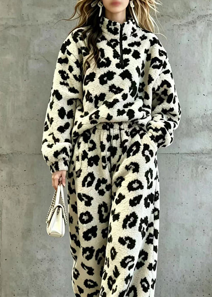 Plus Size Leopard Stand Collar Zippered Teddy Faux Fur Two Piece Set Fall