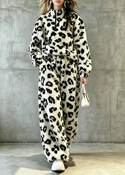 Plus Size Leopard Stand Collar Zippered Teddy Faux Fur Two Piece Set Fall