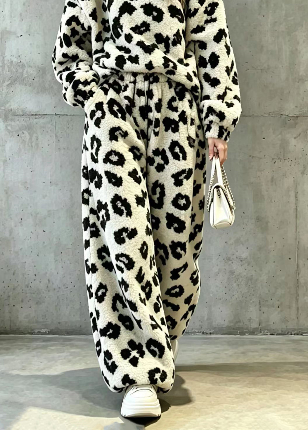 Plus Size Leopard Stand Collar Zippered Teddy Faux Fur Two Piece Set Fall