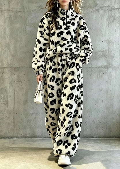 Plus Size Leopard Stand Collar Zippered Teddy Faux Fur Two Piece Set Fall
