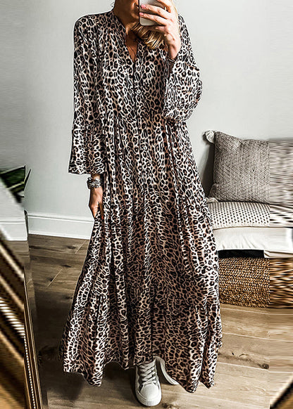 Plus Size Leopard V Neck Patchwork Maxi Dress Fall