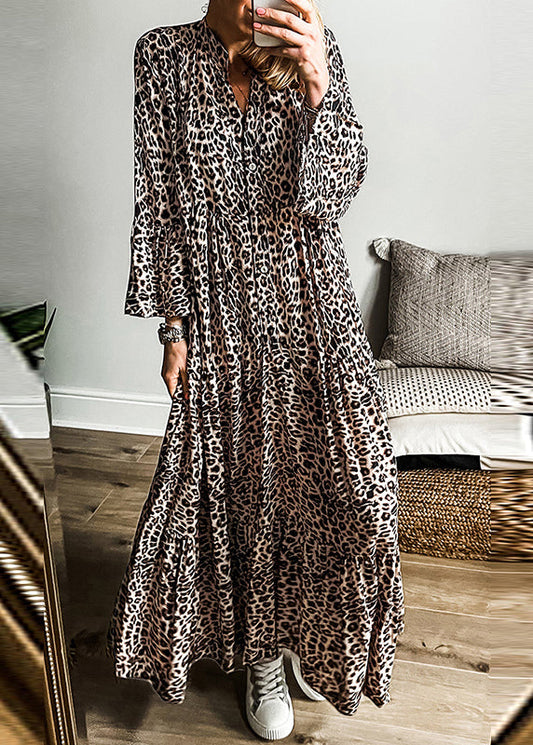 Plus Size Leopard V Neck Patchwork Maxi Dress Fall