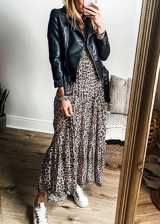 Plus Size Leopard V Neck Patchwork Maxi Dress Fall