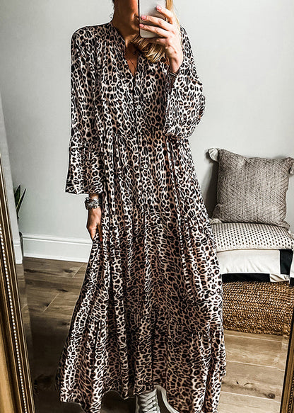 Plus Size Leopard V Neck Patchwork Maxi Dress Fall