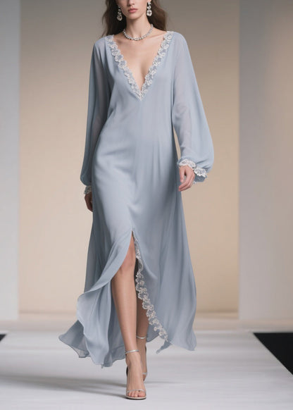 Plus Size Light Blue V Neck Lace Side Open Chiffon Dresses Spring