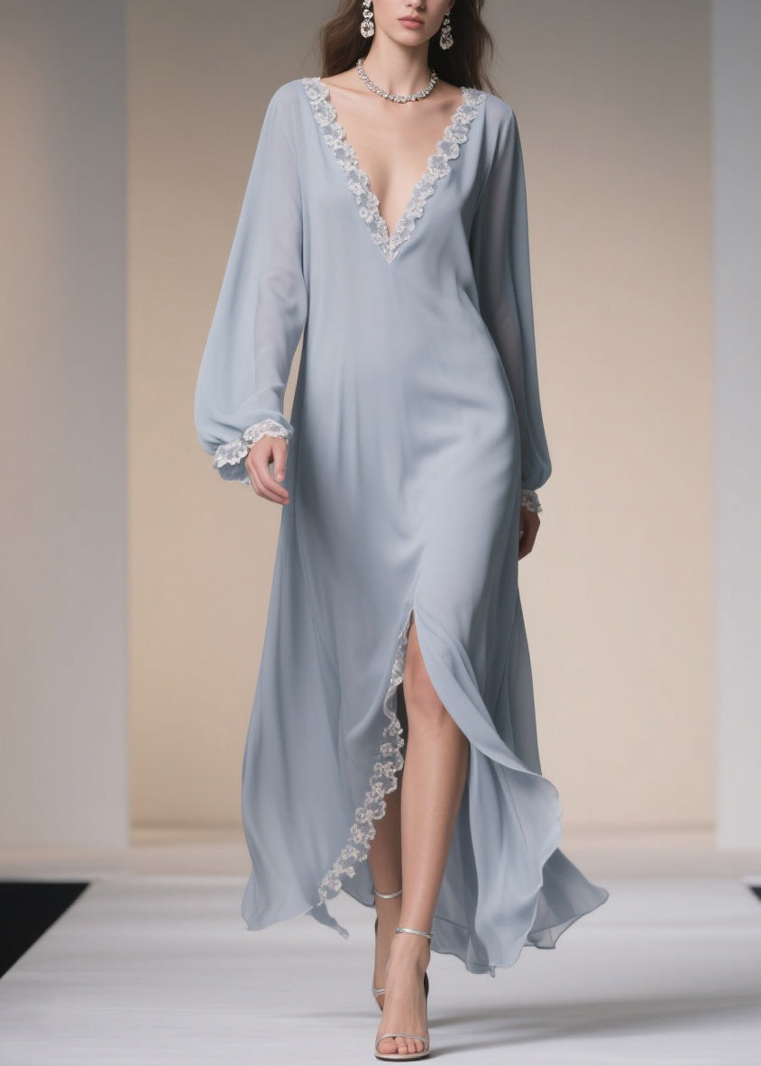 Plus Size Light Blue V Neck Lace Side Open Chiffon Dresses Spring