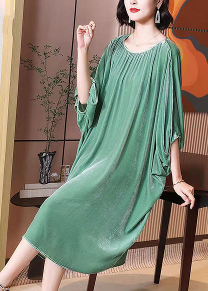 Plus Size Light Green O Neck Patchwork Silk Velour Dresses Batwing Sleeve