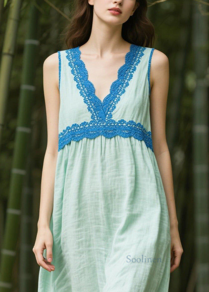 Plus Size Light Green Oversized Patchwork Cotton Dress Sleeveless