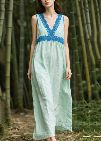 Plus Size Light Green Oversized Patchwork Cotton Dress Sleeveless