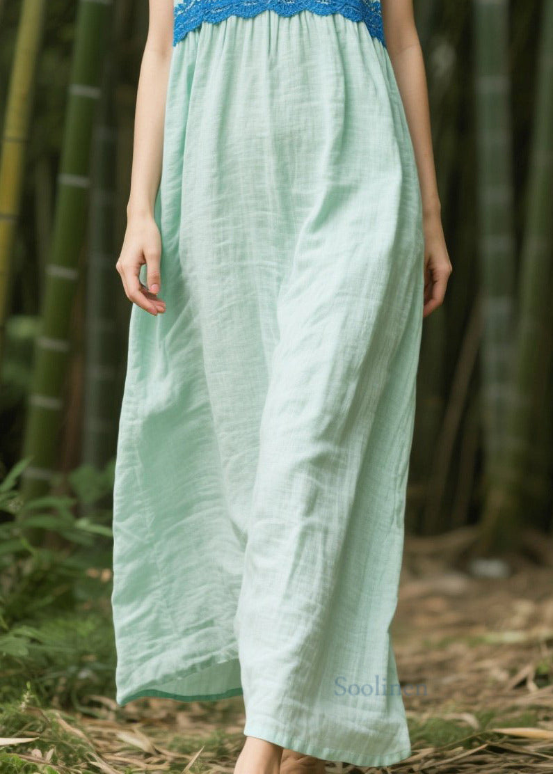 Plus Size Light Green Oversized Patchwork Cotton Dress Sleeveless