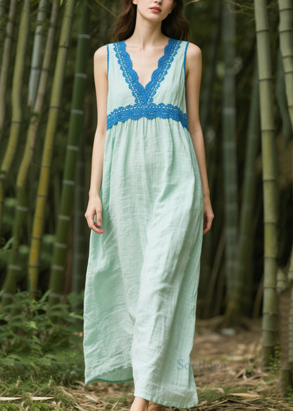 Plus Size Light Green Oversized Patchwork Cotton Dress Sleeveless