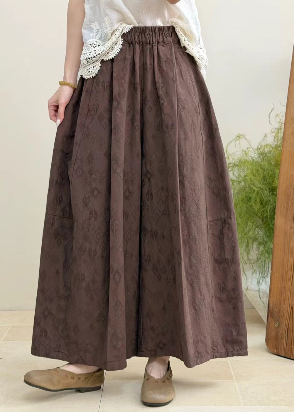 Plus Size Linen Elastic Waist Patchwork Cotton Wide Leg Pants Fall