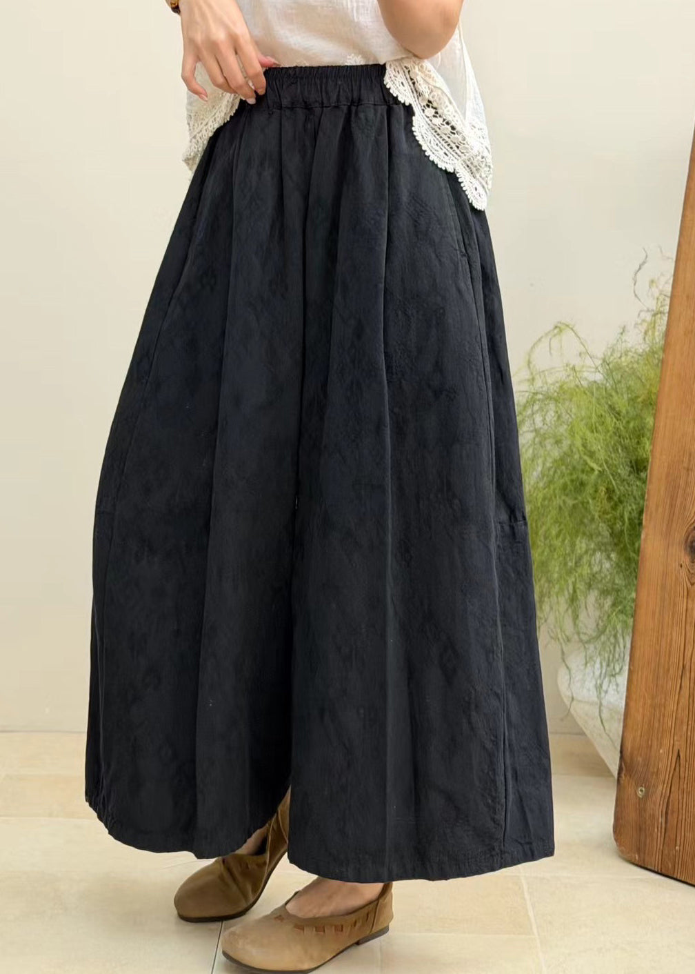Plus Size Linen Elastic Waist Patchwork Cotton Wide Leg Pants Fall