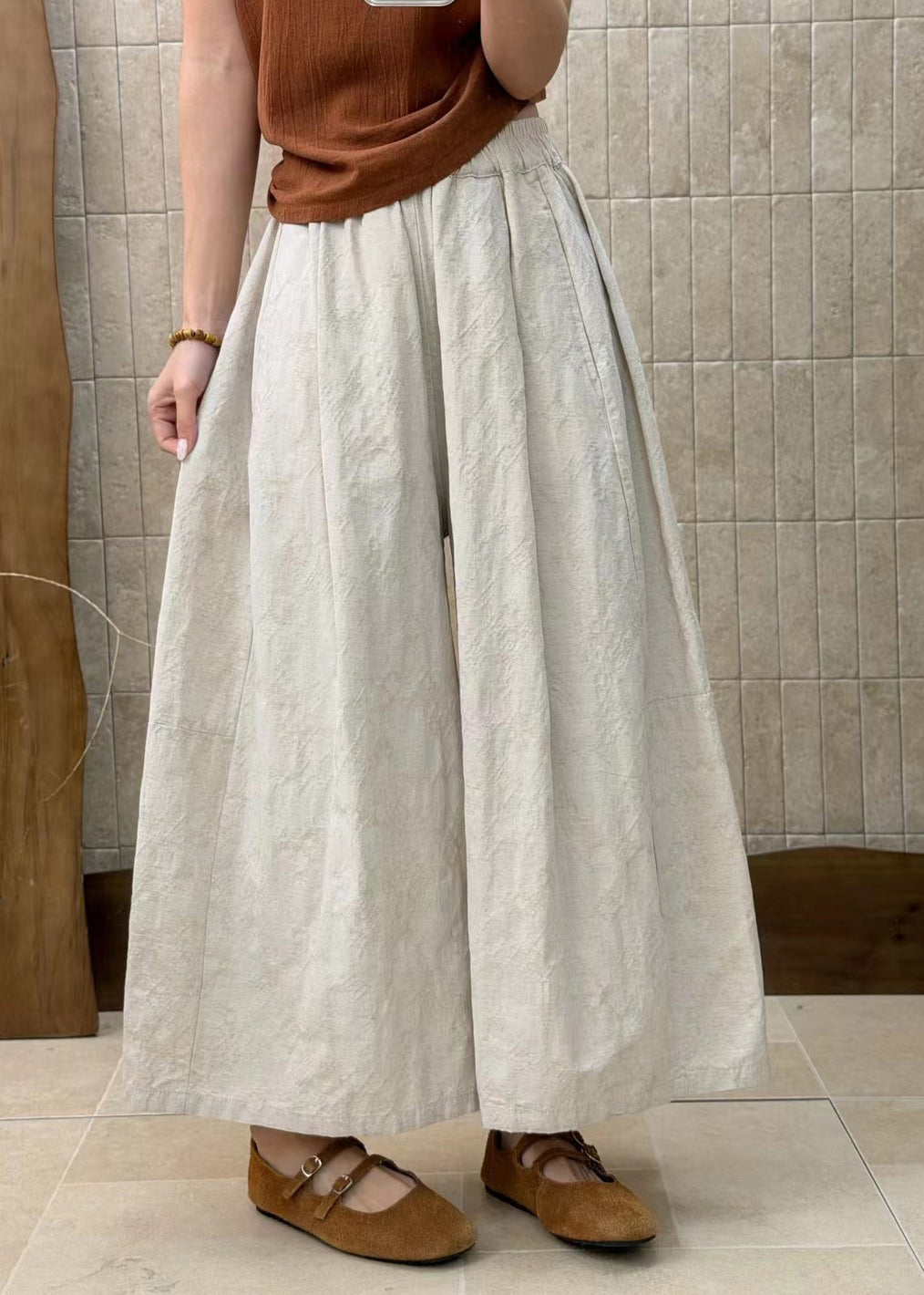 Plus Size Linen Elastic Waist Patchwork Cotton Wide Leg Pants Fall