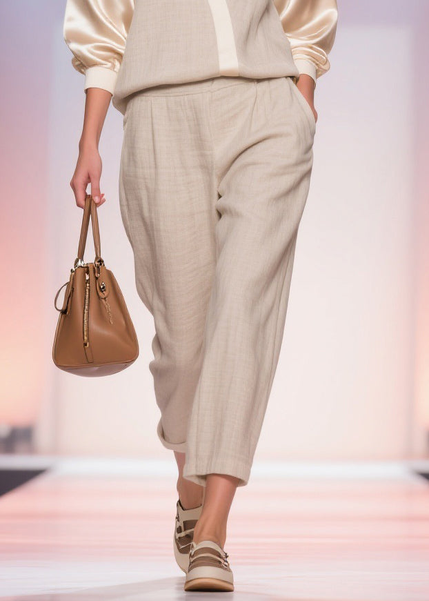 Plus Size Linen V Neck Pockets Silk Patchwork Tops And Crop Pants Two Piece Set Spring