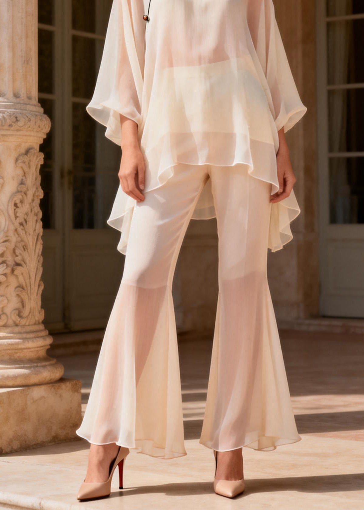 Plus Size Mandarin Collar Top And Pants Silk Two Piece Set Summer