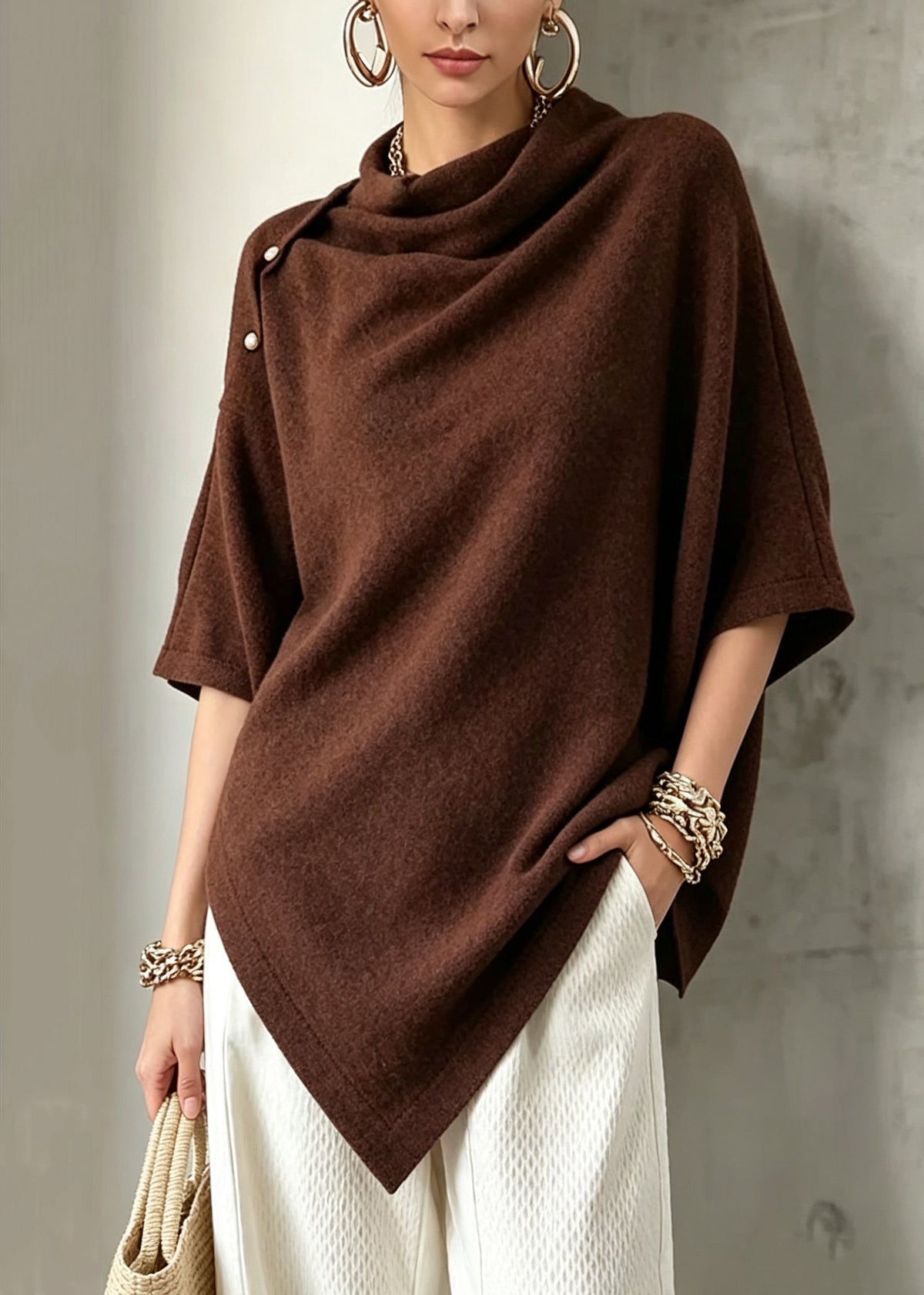 Plus Size Milk White Asymmetrical Patchwork Wool Cape Batwing Sleeve
