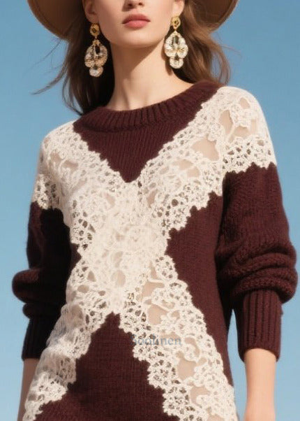 Plus Size Mulberry Hollow Out Patchwork Lace Sweater Dress Winter