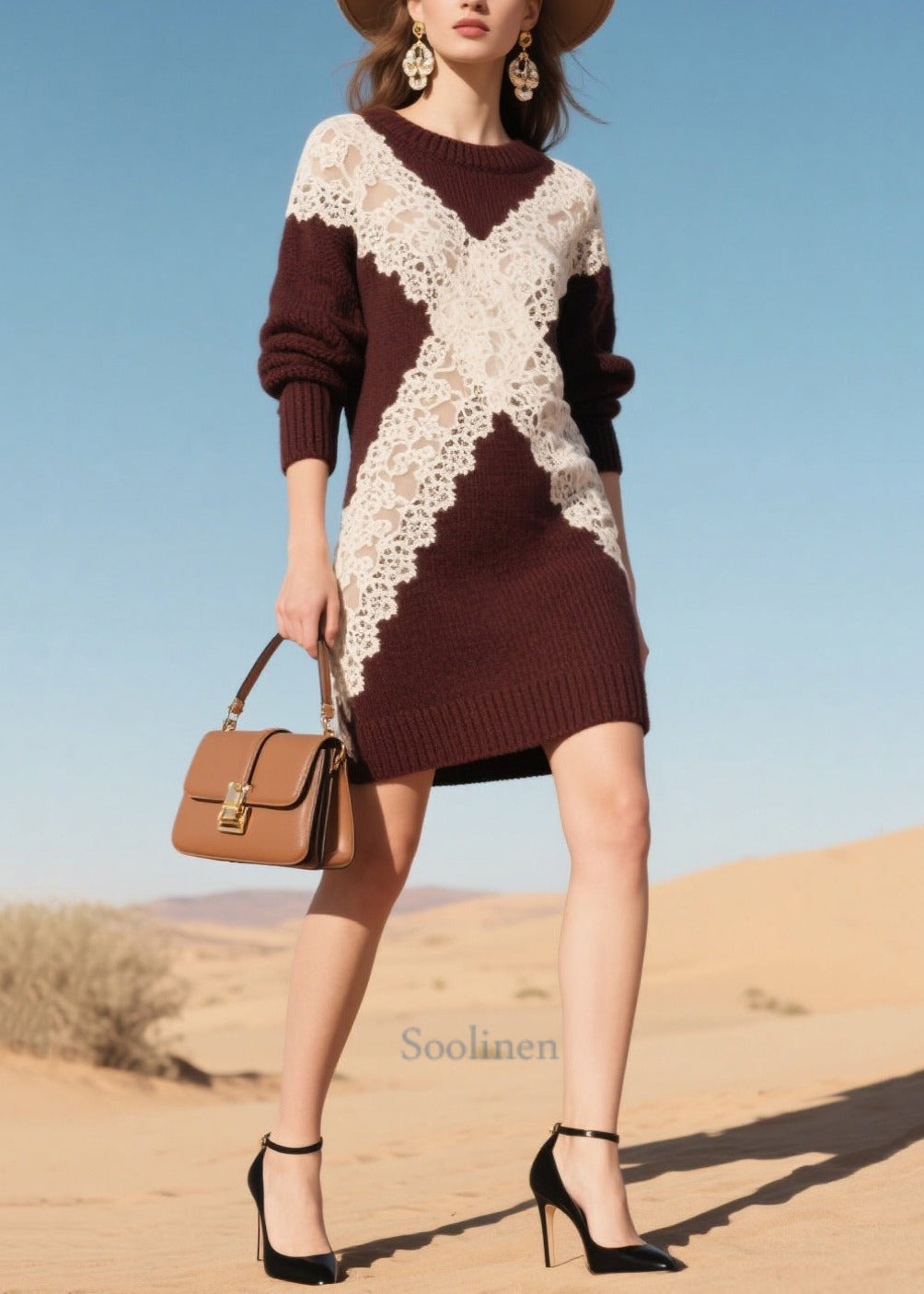 Plus Size Mulberry Hollow Out Patchwork Lace Sweater Dress Winter