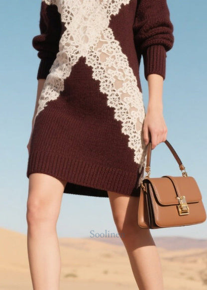 Plus Size Mulberry Hollow Out Patchwork Lace Sweater Dress Winter