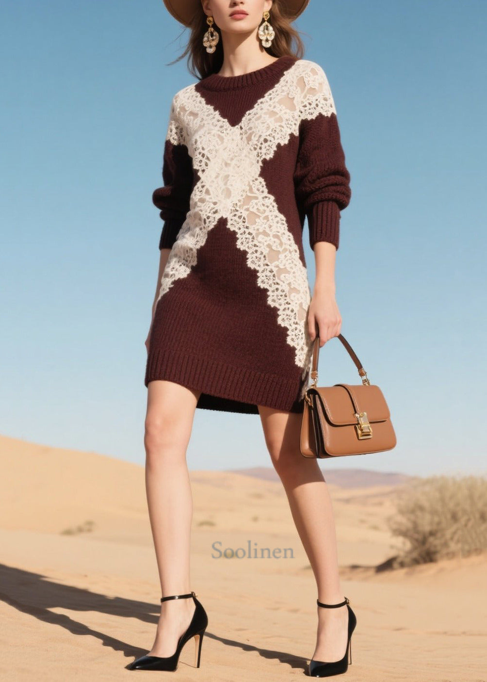 Plus Size Mulberry Hollow Out Patchwork Lace Sweater Dress Winter