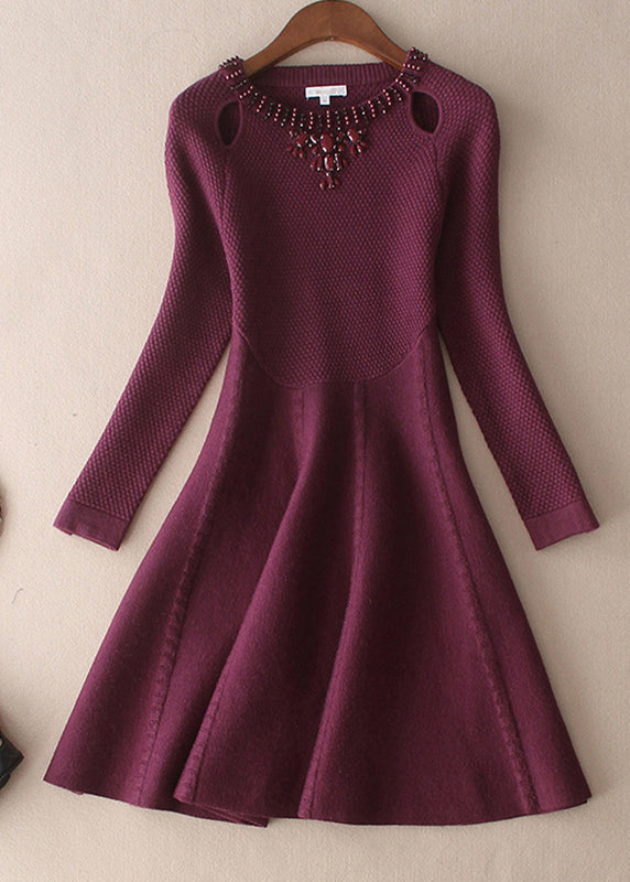 Plus Size Mulberry O-Neck slim fit Woolen Dresses Spring