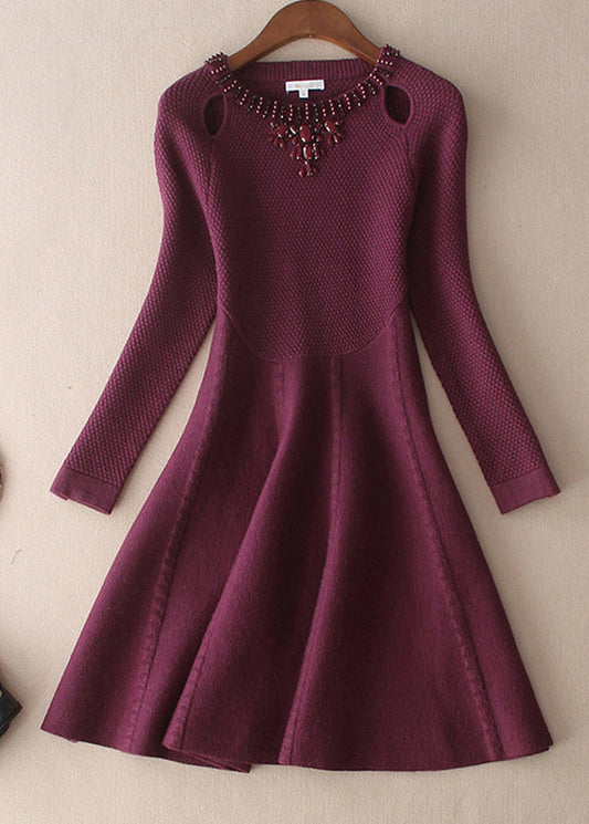 Plus Size Mulberry O-Neck slim fit Woolen Dresses Spring